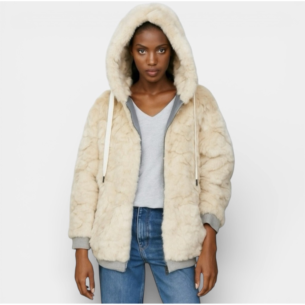 ZARA Faux Fur Cream Jacket, Cozy Teddy Zip-Up, Sz S